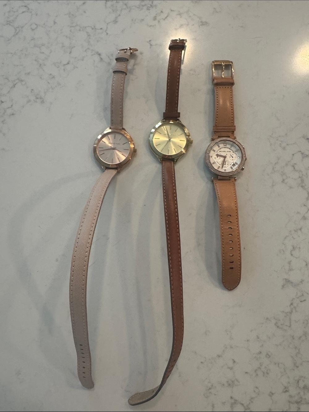 Michael Kors Trio Leather Strap Watches in Beige, Brown and Tan